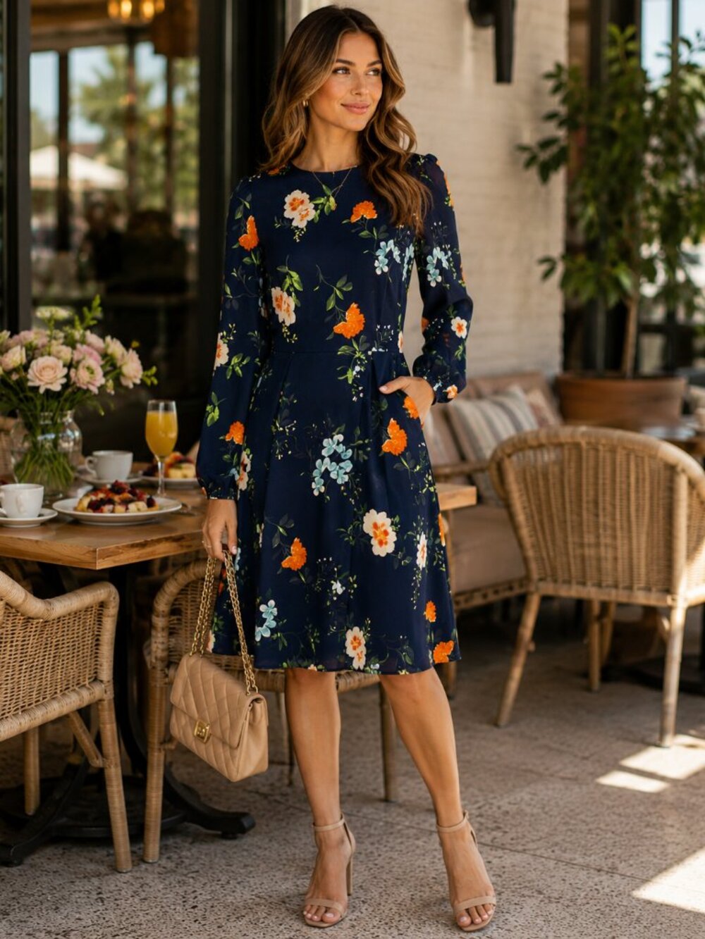 Eliza J Navy Floral Long Sleeve Midi Dress Lined Elegant & Versatile Size 10